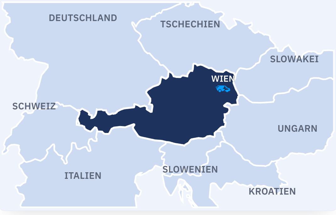 Österreichkarte mit Nachbarländern, Standort-Markierung in Wien